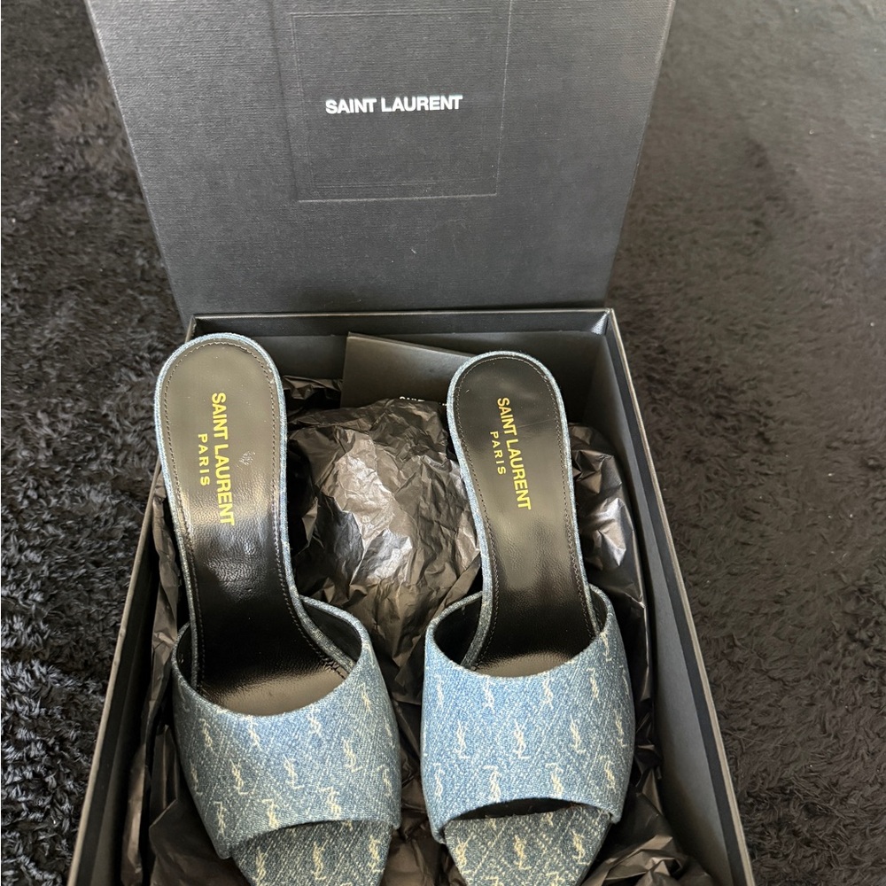 Saint Laurent Denim Monogram Slide Mules in Blue